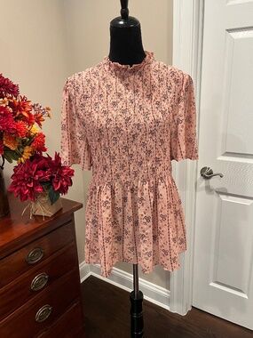 Lipslide Shirred Bodice High Collar Mauve Boho Peasant Top XL